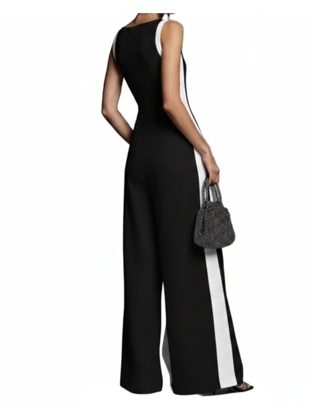 Contrasting Deep V-Neck Wide Leg Pants Sleeveless One-Piece Zipper Back Jumpsuit - Picture 3 of 6